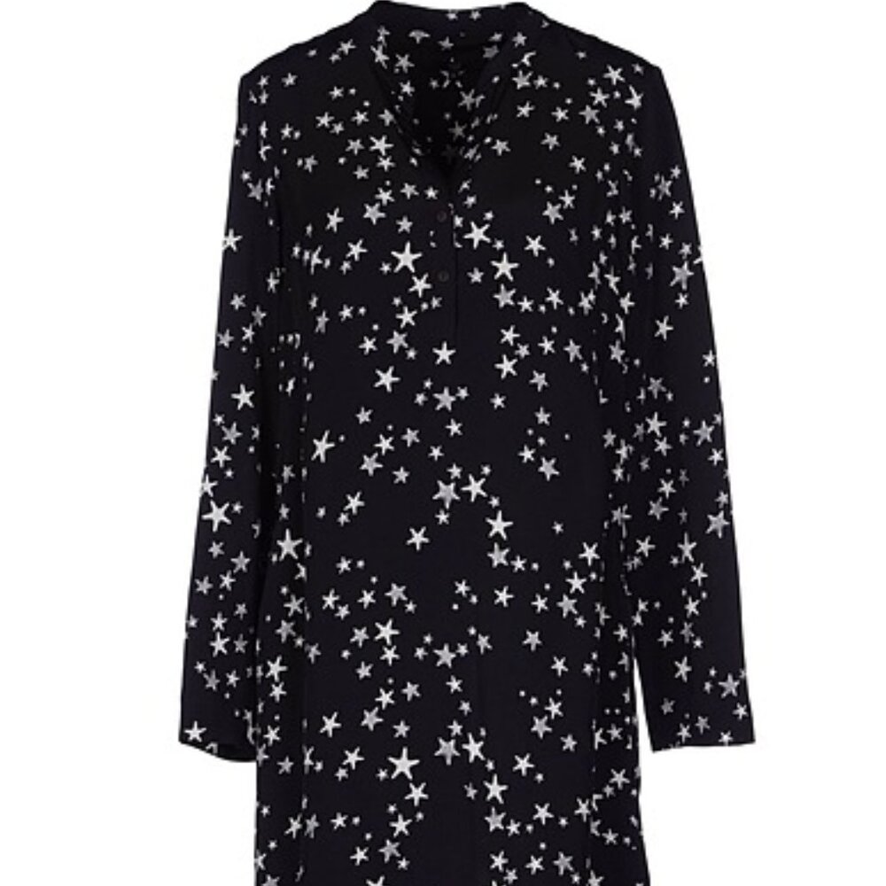 Tibi Star Printed 100% Silk Shift Long sleeve Cocktail Casual Tunic Dress 4 Smal